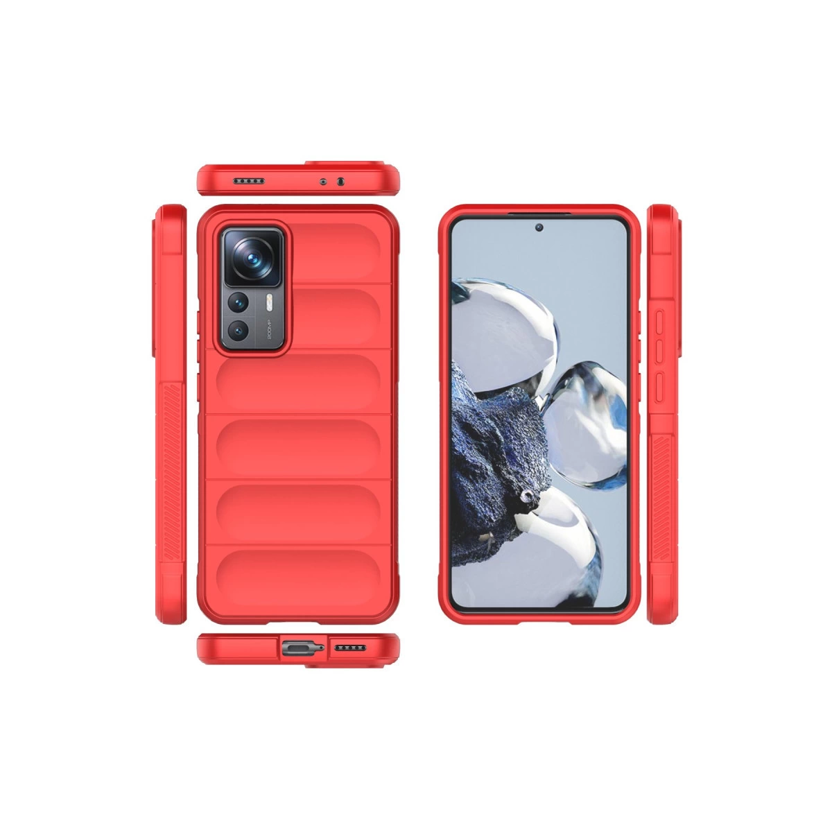 Yastıklı tasarımlı kırmızı telefon kılıfı, ön, arka ve yan görünümler.