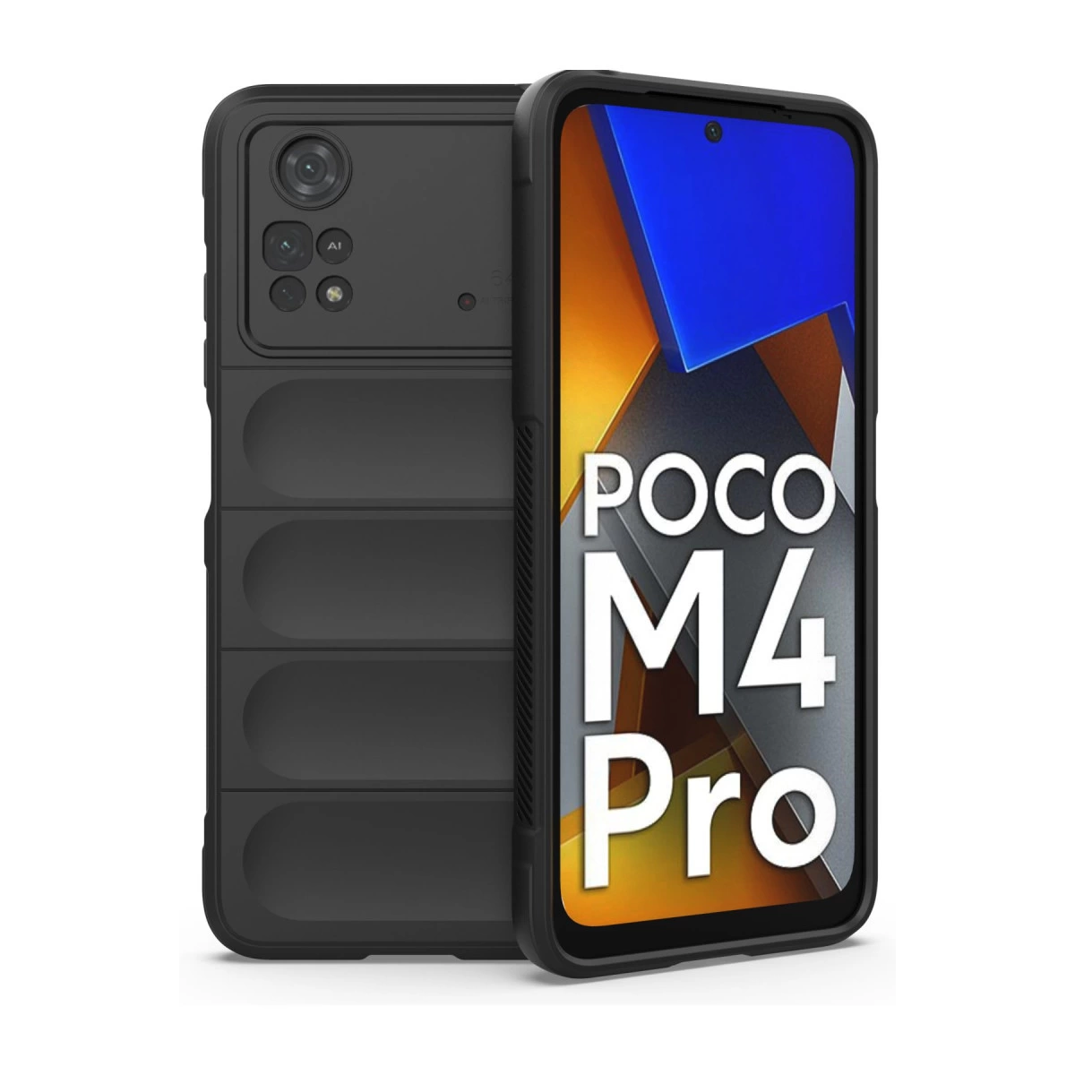 Ekranında POCO M4 Pro yazısı olan siyah bir telefon. Yan görünüm.