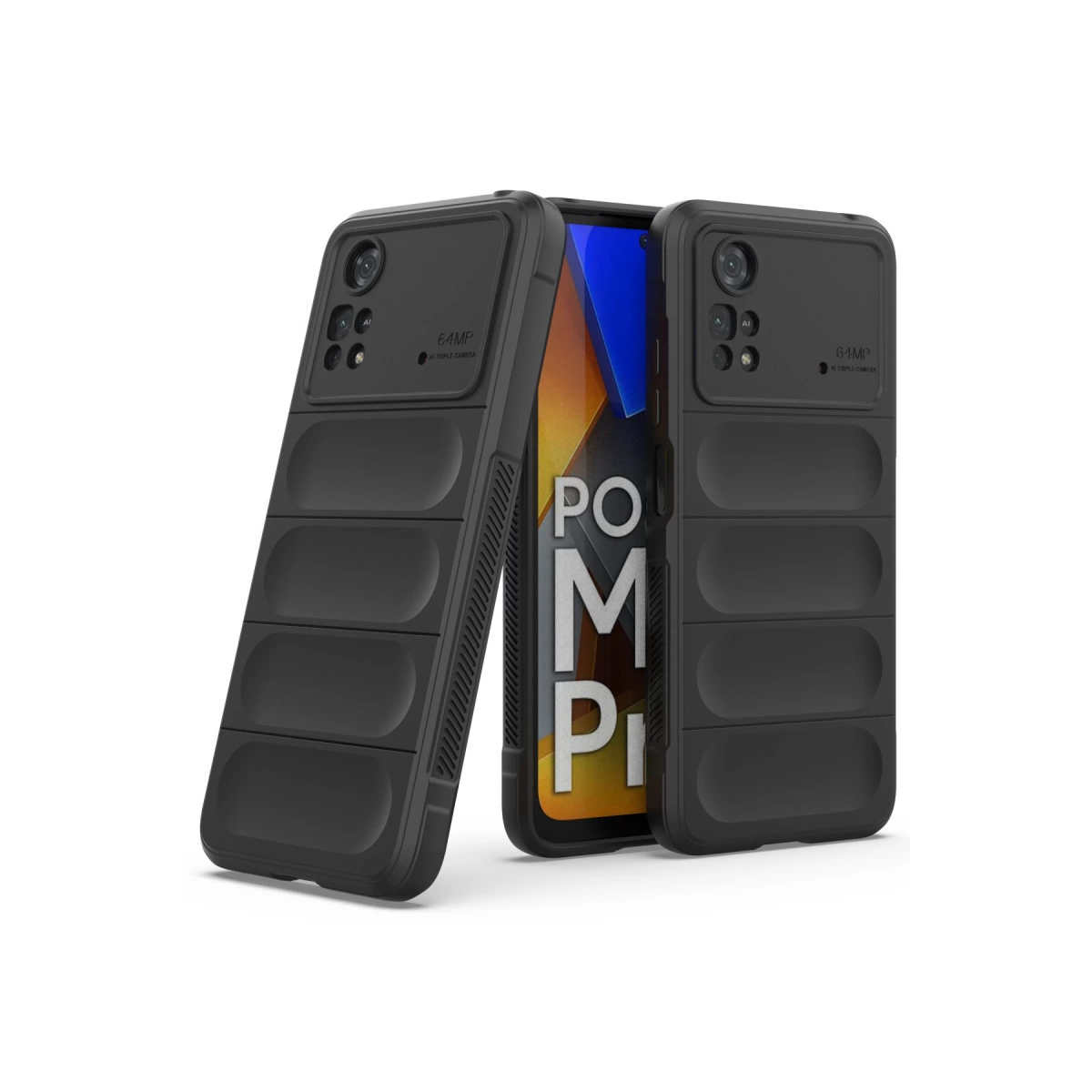 64MP kamera kesimli iki siyah telefon kılıfı, PO logolu bir telefonun önünde.