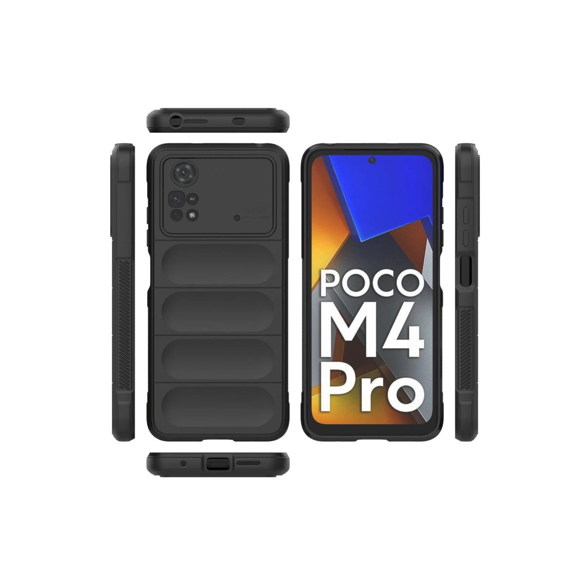 Dört kameralı, yastıklı siyah telefon, ön görünüm.