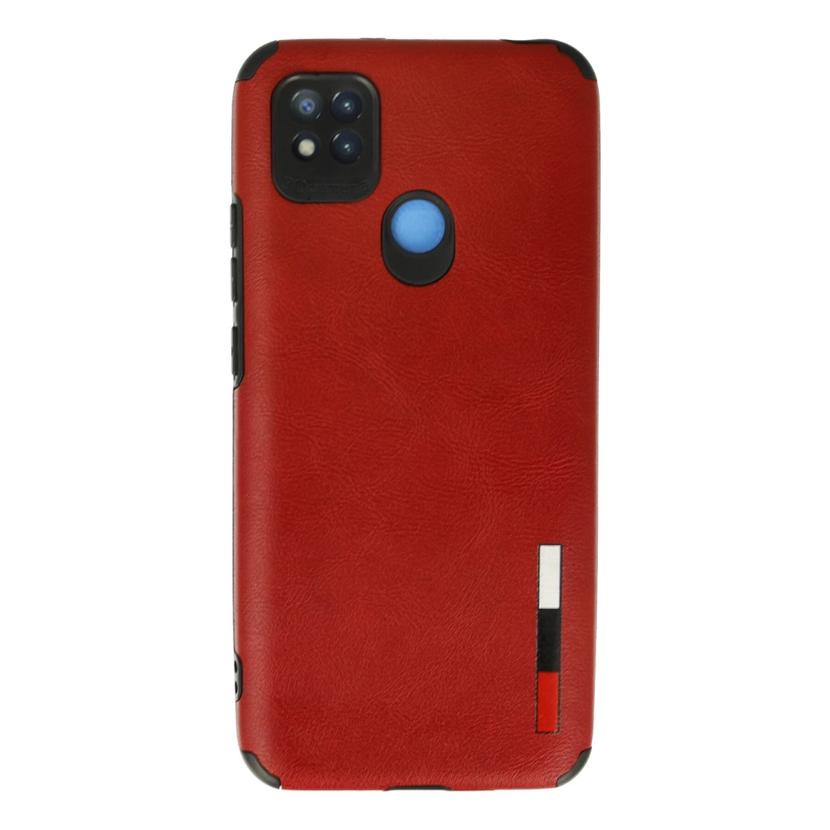 Kamera kesimli, mavi düğmeli ve dikey şeritli kırmızı telefon kılıfı.