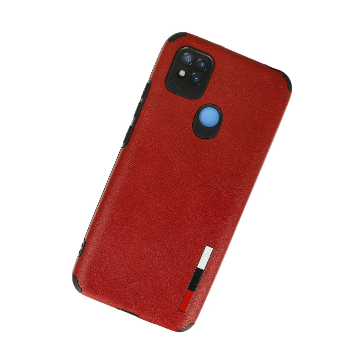 Kameralı ve mavi parmak izi sensörlü kırmızı telefon kılıfı.