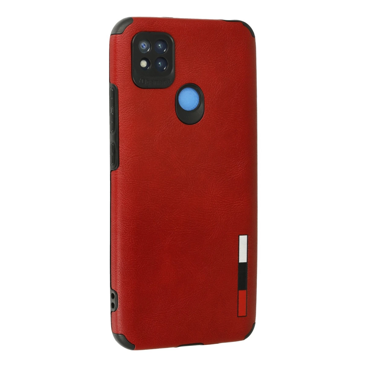 Siyah çerçeveli, kameralı ve mavi düğmeli kırmızı telefon kılıfı.