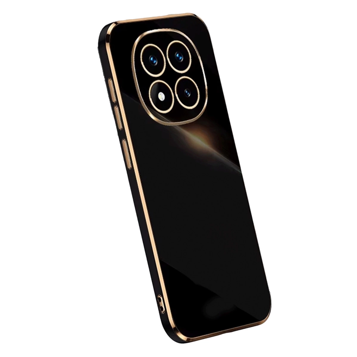 Dört kameralı, altın çerçeveli siyah telefon kılıfı.