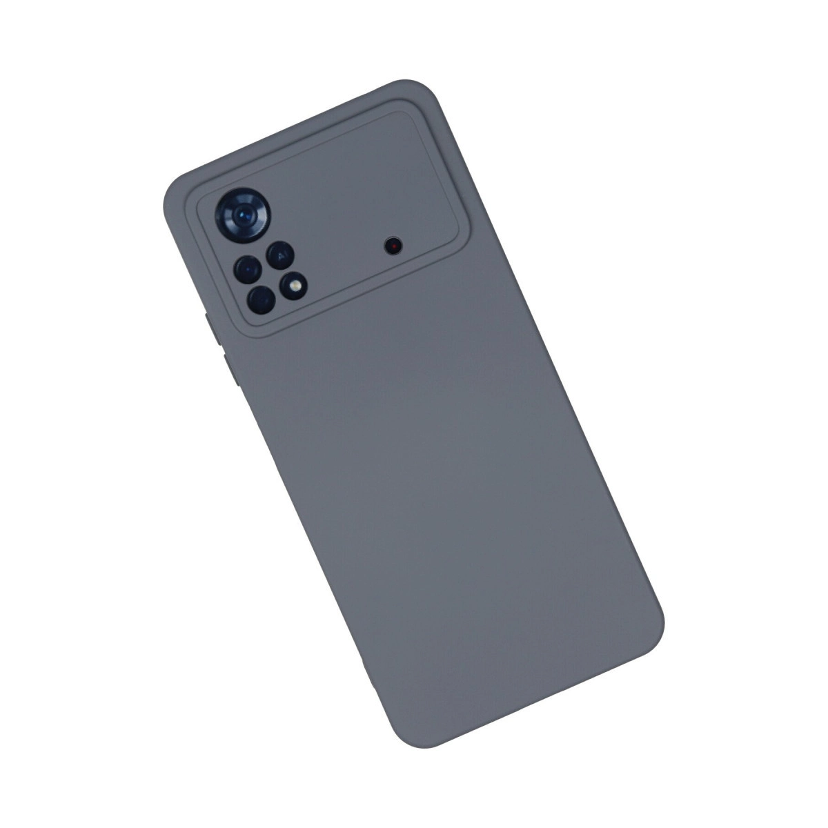 Dört lens ve flaş içeren kamera çıkıntılı koyu gri telefon kılıfı.