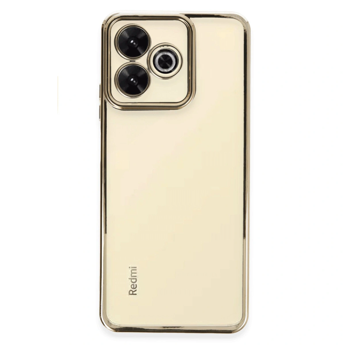 Üç kameralı altın rengi telefon arkası ve Redmi logosu.
