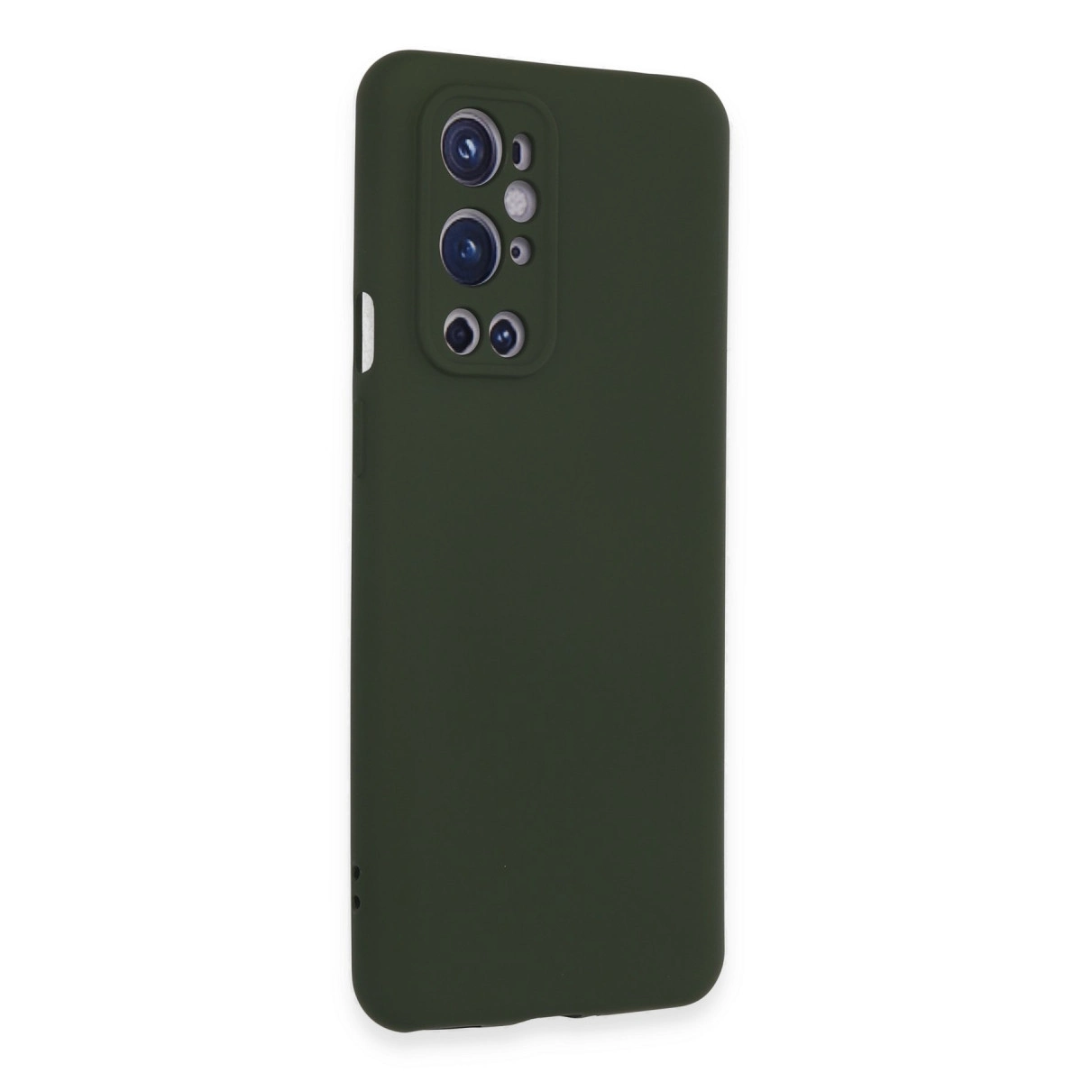 Kamera modüllü koyu yeşil telefon kılıfı, beyaz zeminde.
