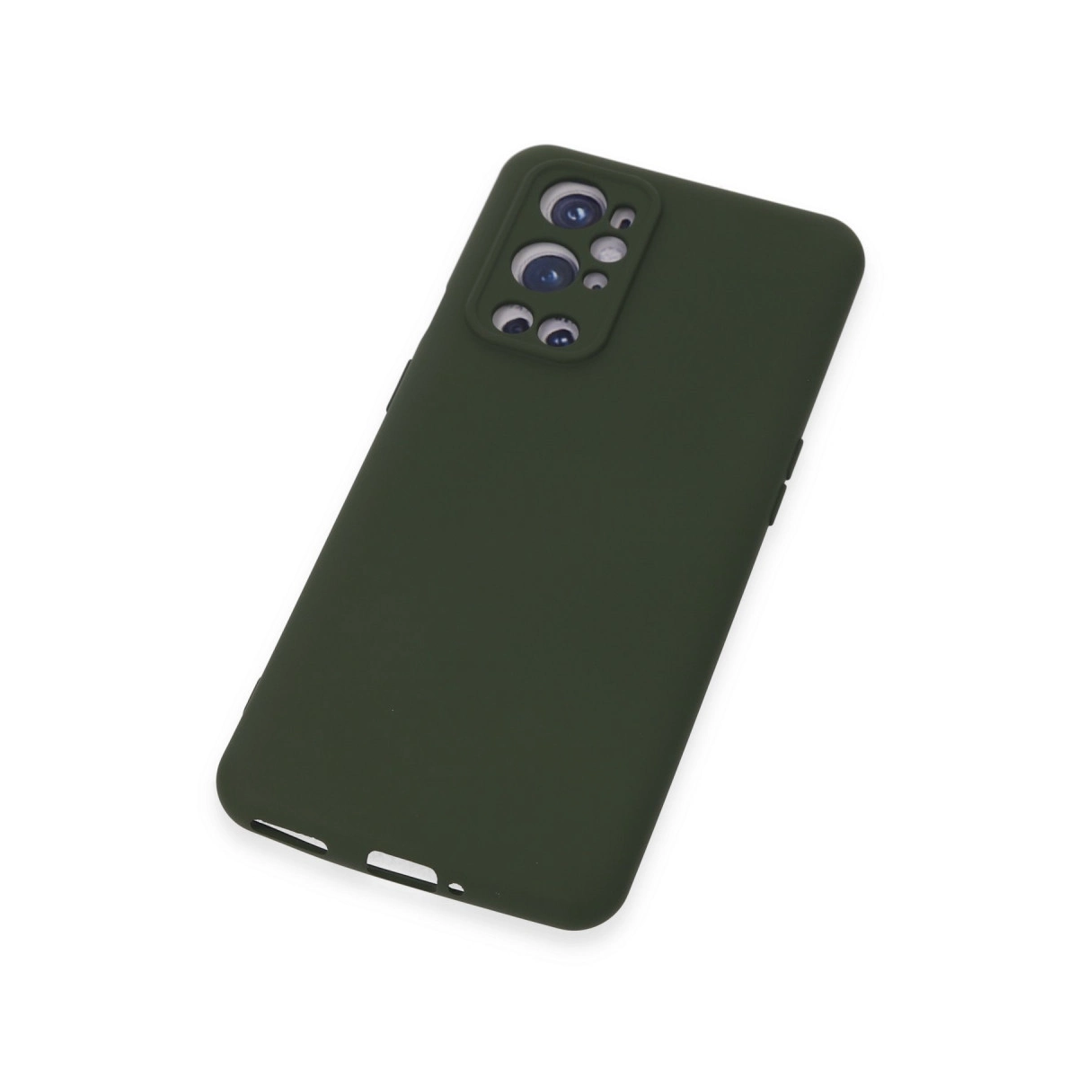 Kamera lensleri için kesikli koyu yeşil telefon kılıfı.