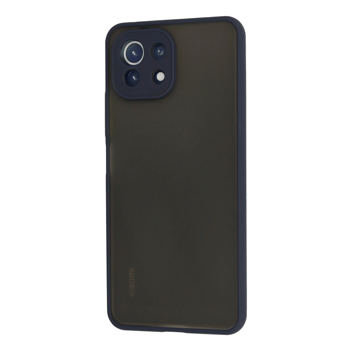 Koyu gri telefon kılıfı, koyu mavi kamera çıkıntısı ve logosuyla.