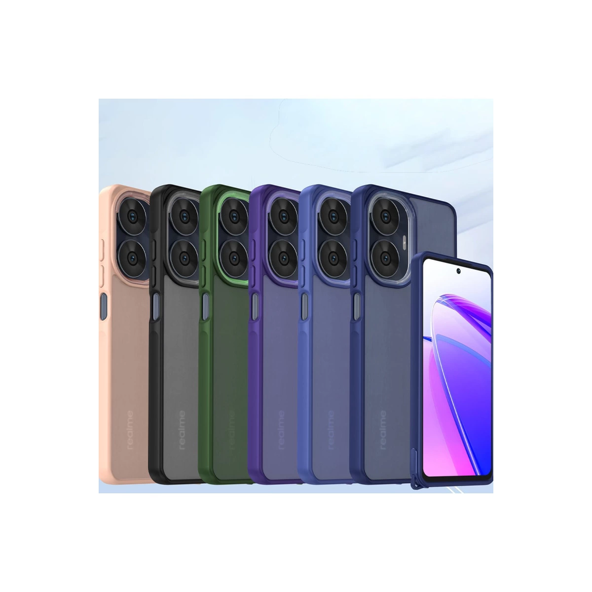 Pastel pembe, gri, yeşil, mor ve iki mavi renkte altı Realme telefon kılıfı.