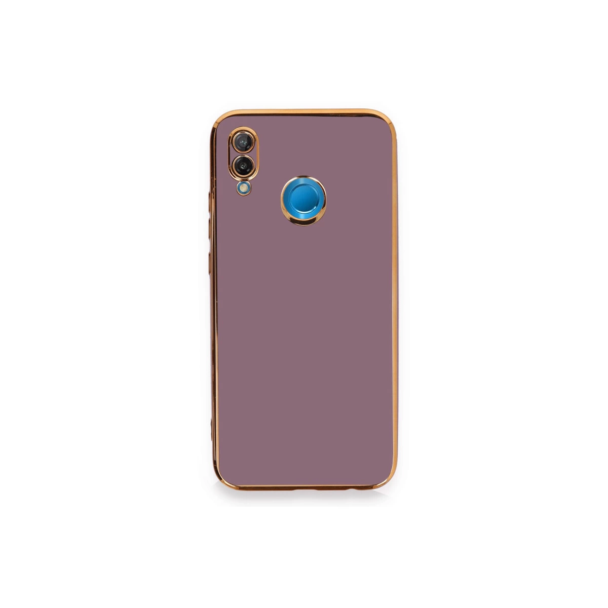 Altın çerçeveli mor telefon kılıfı, kamera ve parmak izi sensörü.