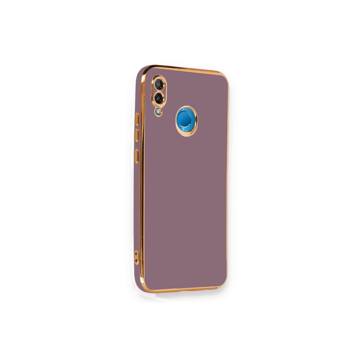 Altın çerçeveli ve kamera kesimli mor telefon kılıfı.