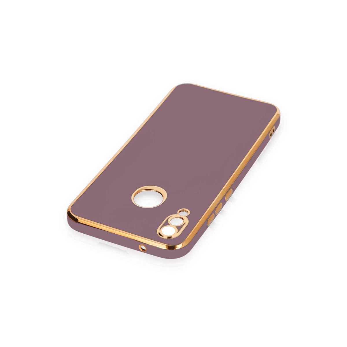 Altın kenarlı ve kamera kesimli mor telefon kılıfı.