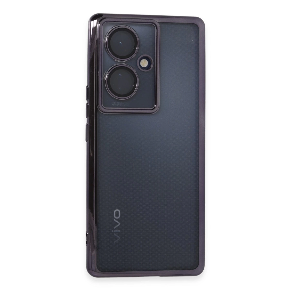 Sol üstte üç kamera lensi ve Vivo logosu bulunan koyu gri akıllı telefon.