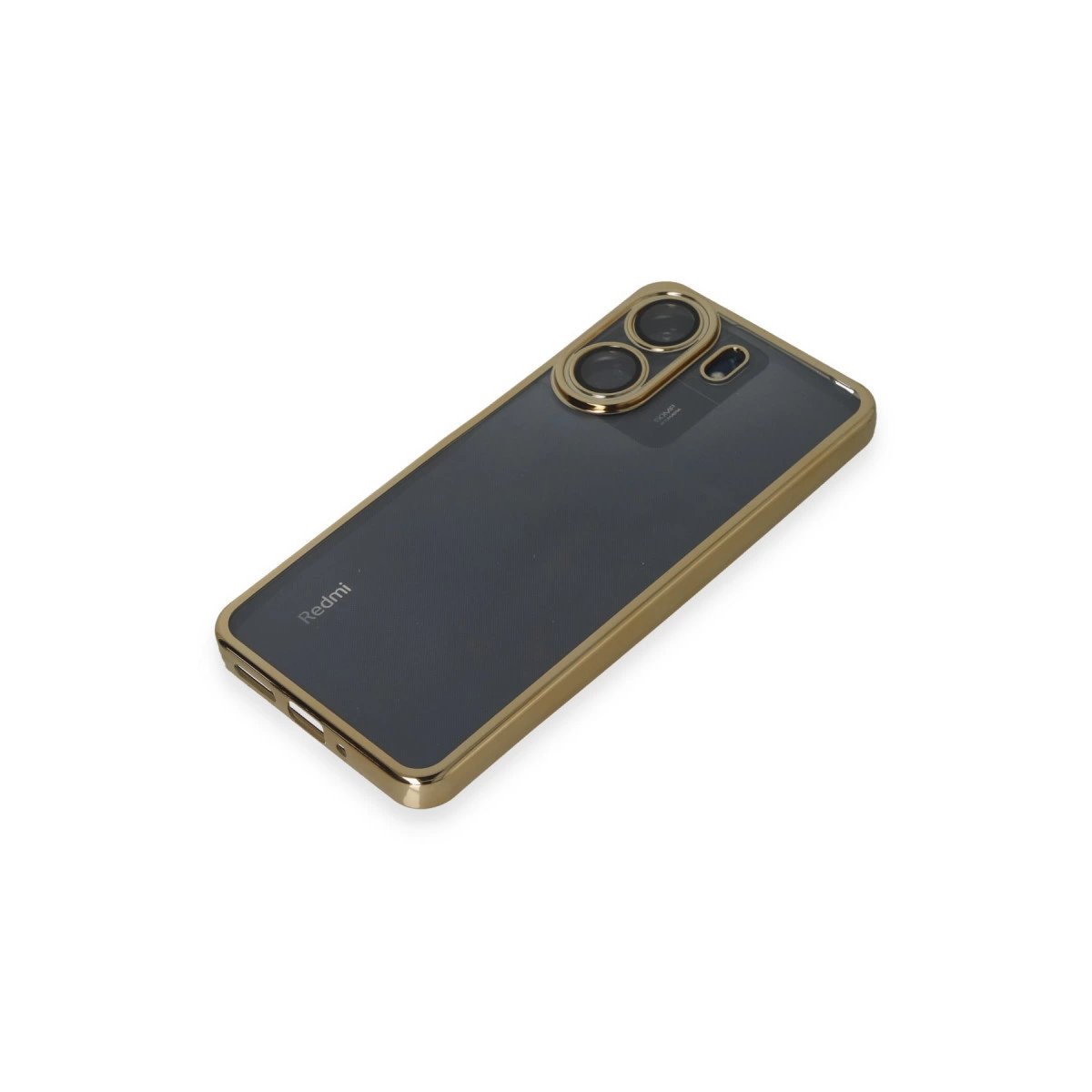 Koyu renkli bir telefonda iki kameralı altın rengi telefon kılıfı.
