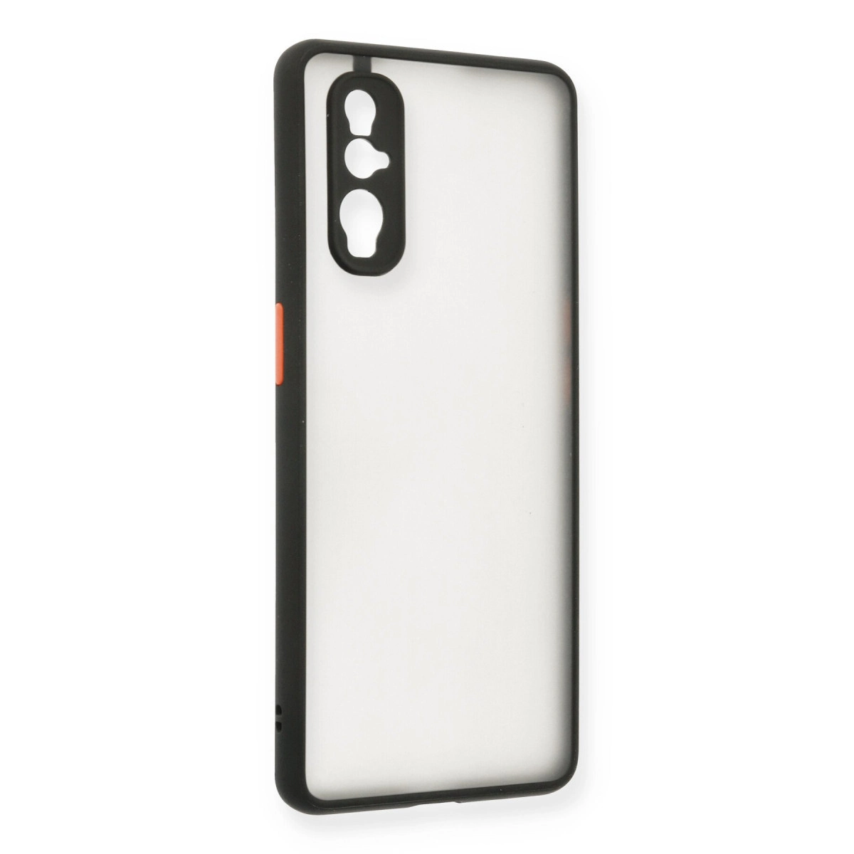 Siyah çerçeveli ve kamera oyuklu şeffaf telefon kılıfı.