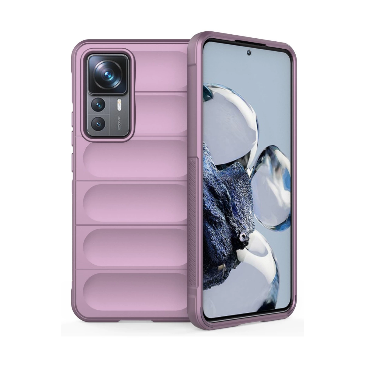 Oluklu mor bir telefon kılıfı ve buz duvar kağıtlı bir akıllı telefon.