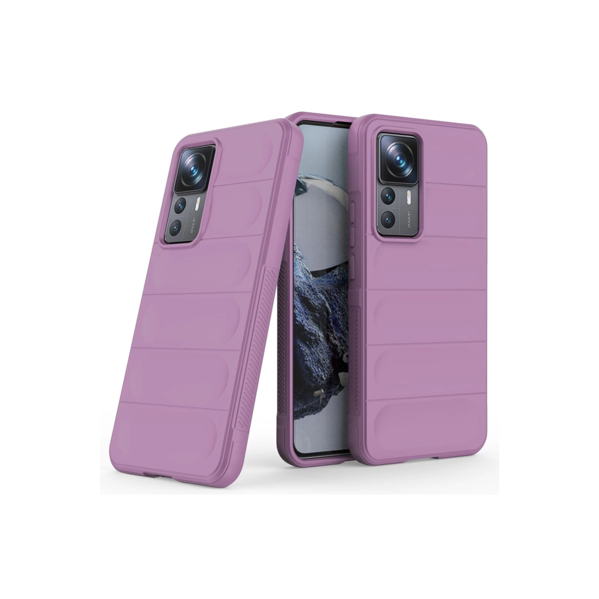 Yastıklı tasarımlı ve kamera modüllü iki mor telefon kılıfı.