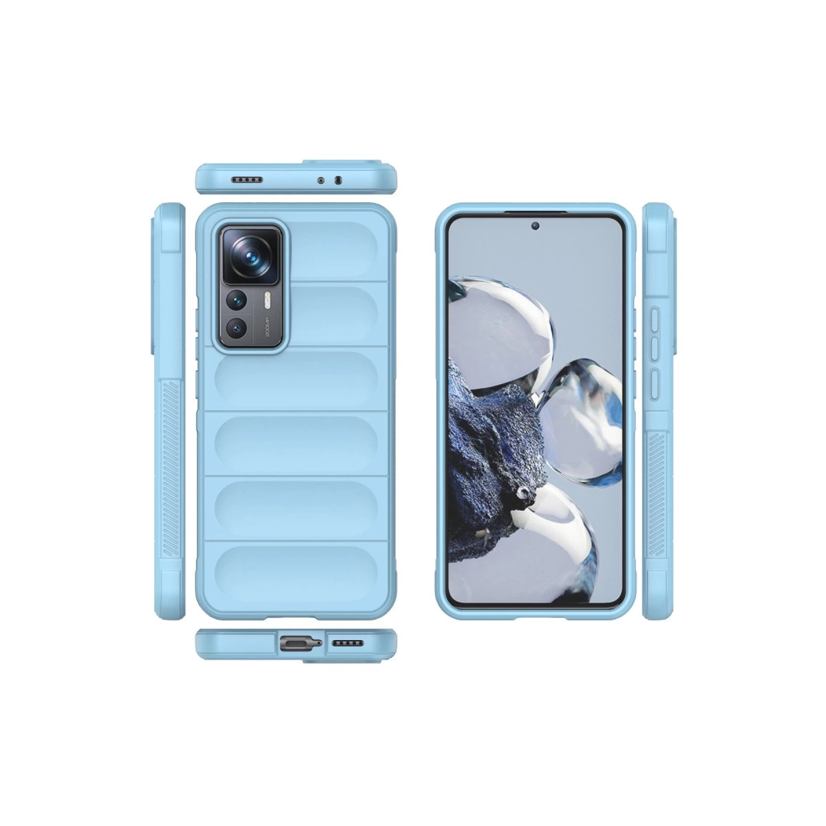 Yatay çizgili ve kamera kesimli açık mavi telefon kılıfı.