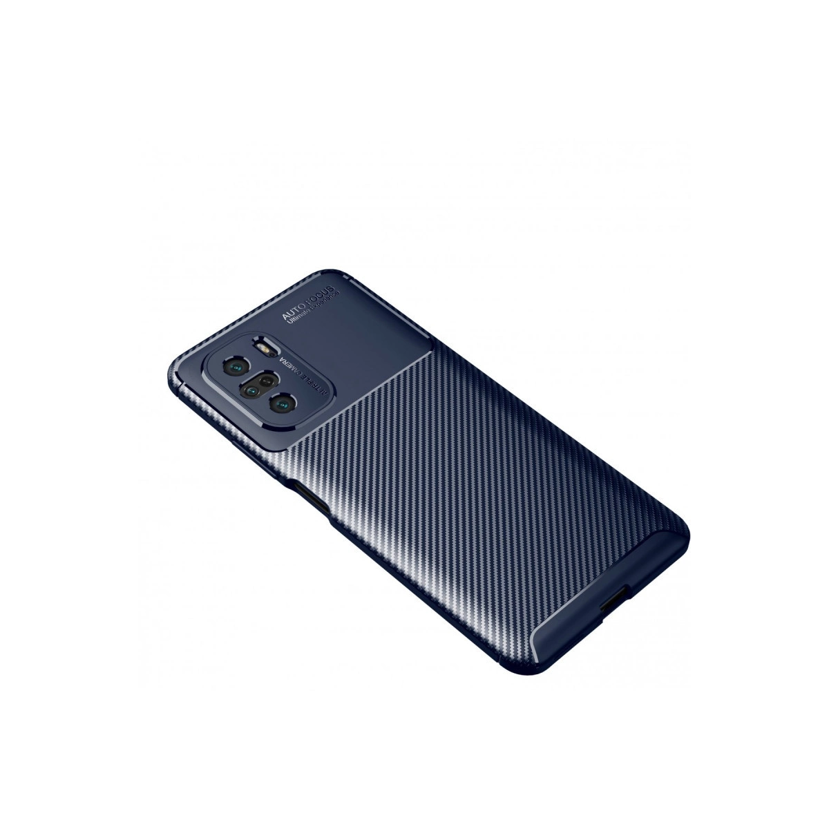 Karbon fiber desenli, üçlü kamera kesimli lacivert telefon kılıfı.