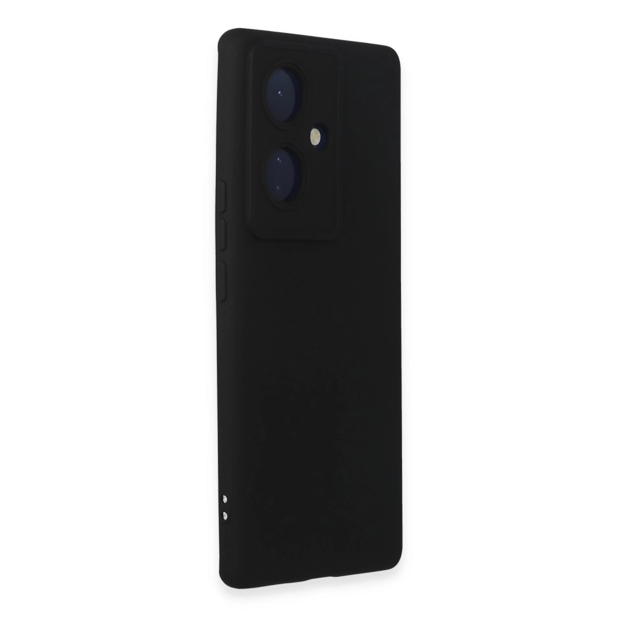 Kamera modülü ve yan düğmeleri olan siyah telefon kılıfı.