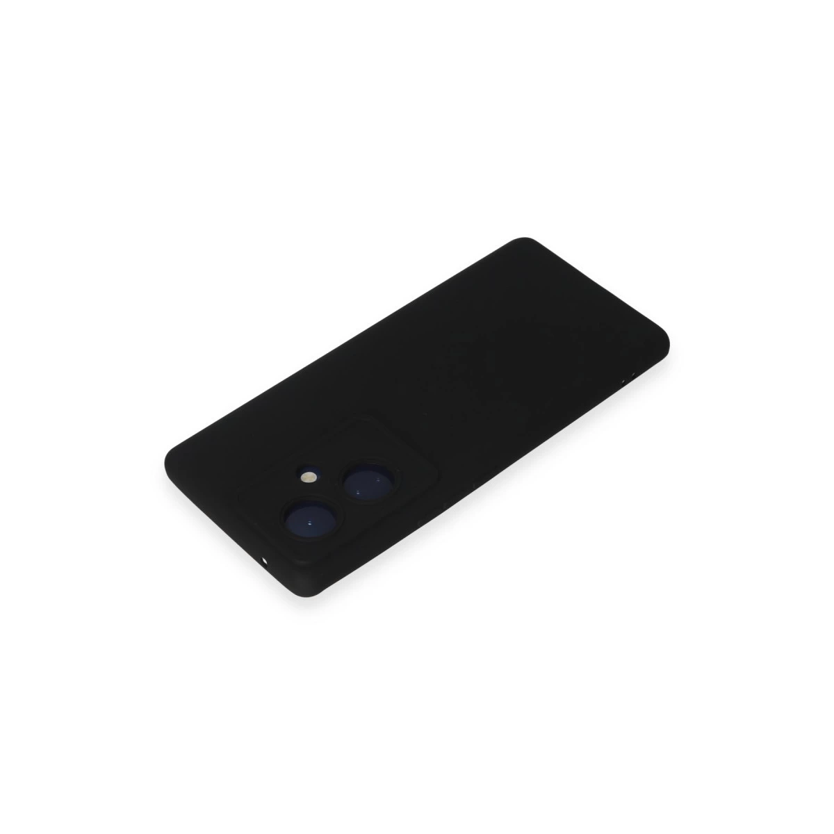 Kamera modüllü siyah telefon kılıfı, beyaz zeminde.