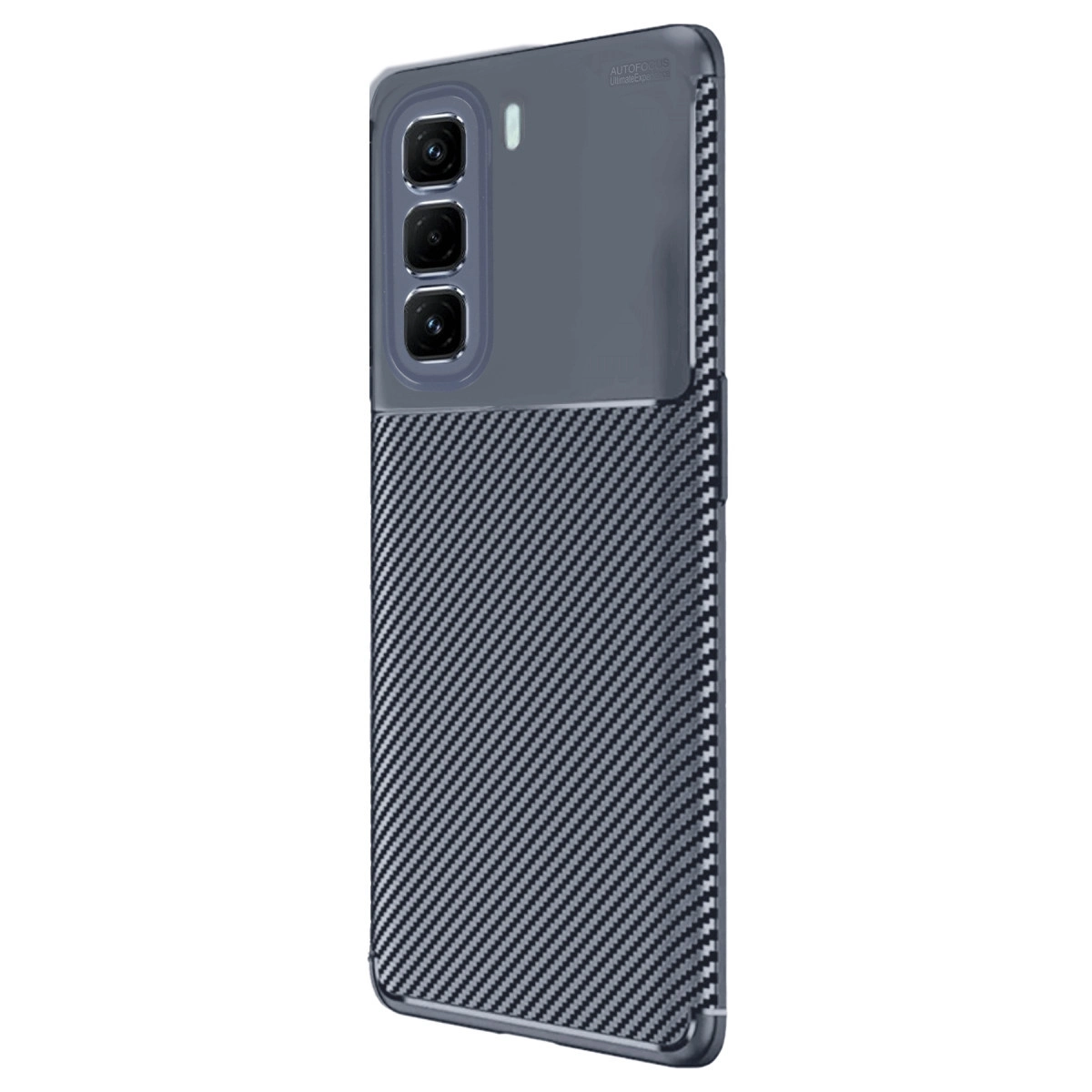 Üç kameralı akıllı telefonun arkası, karbon desenli kılıfı.