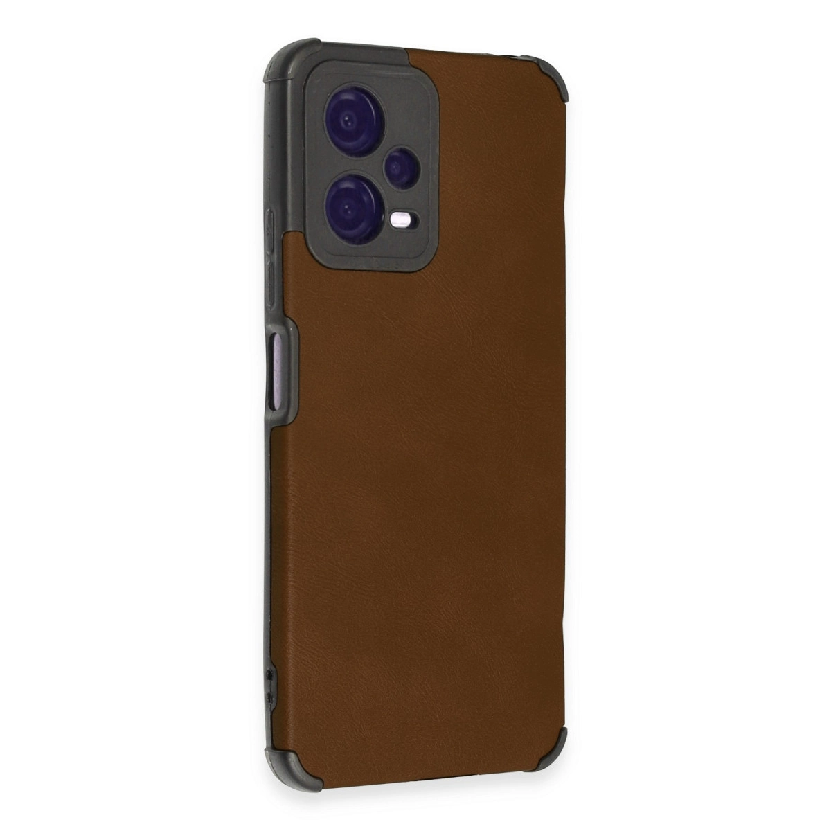 Koyu gri kamera çıkıntılı, güçlendirilmiş köşeli kahverengi deri telefon kılıfı.