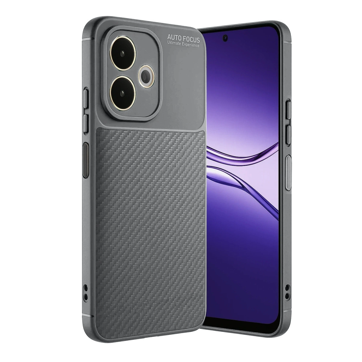 Karbon desenli ve kamera oyuklu gri telefon kılıfı, bir akıllı telefonun yanında.