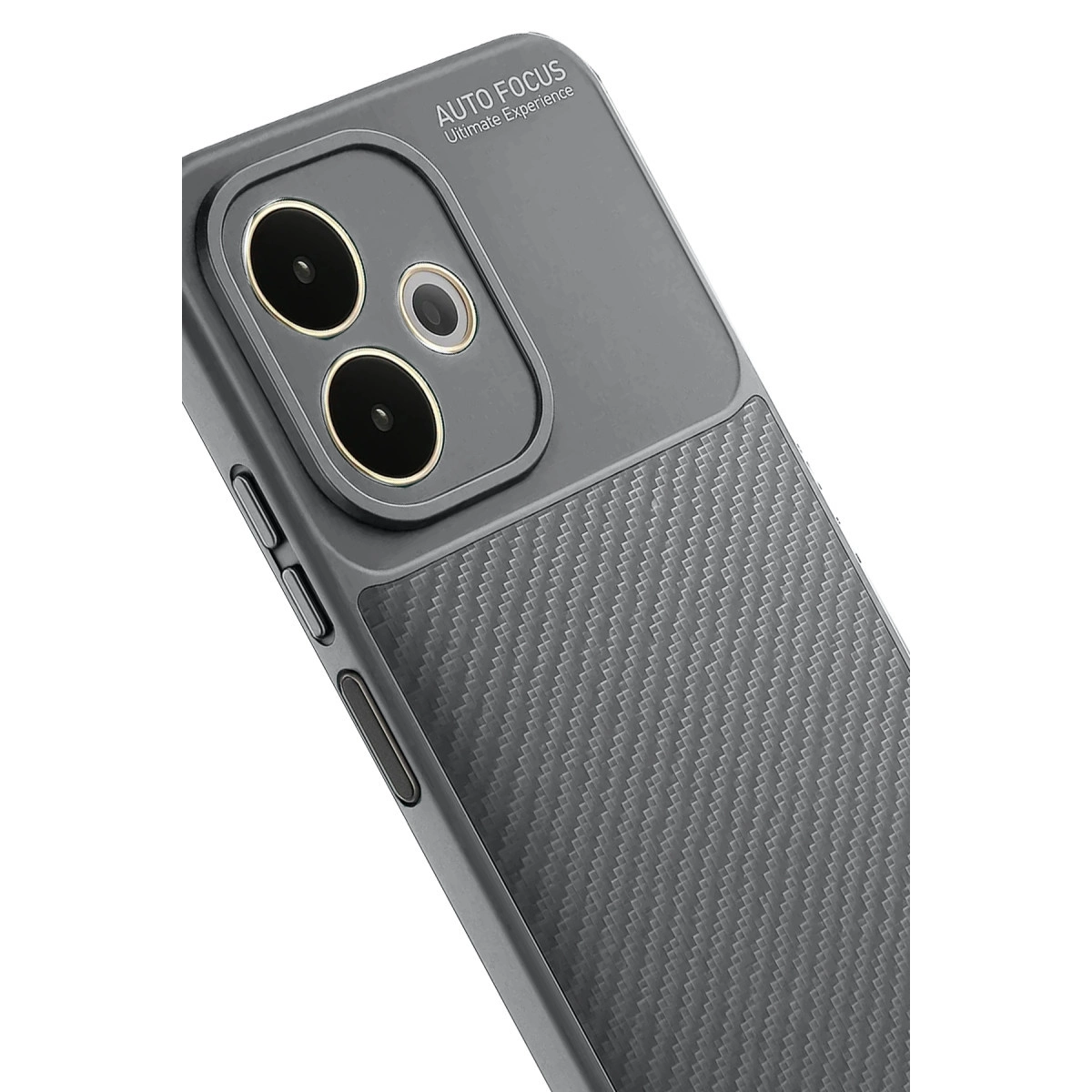 Karbon fiber dokulu koyu gri telefon kılıfı ve kamera çıkıntısı.