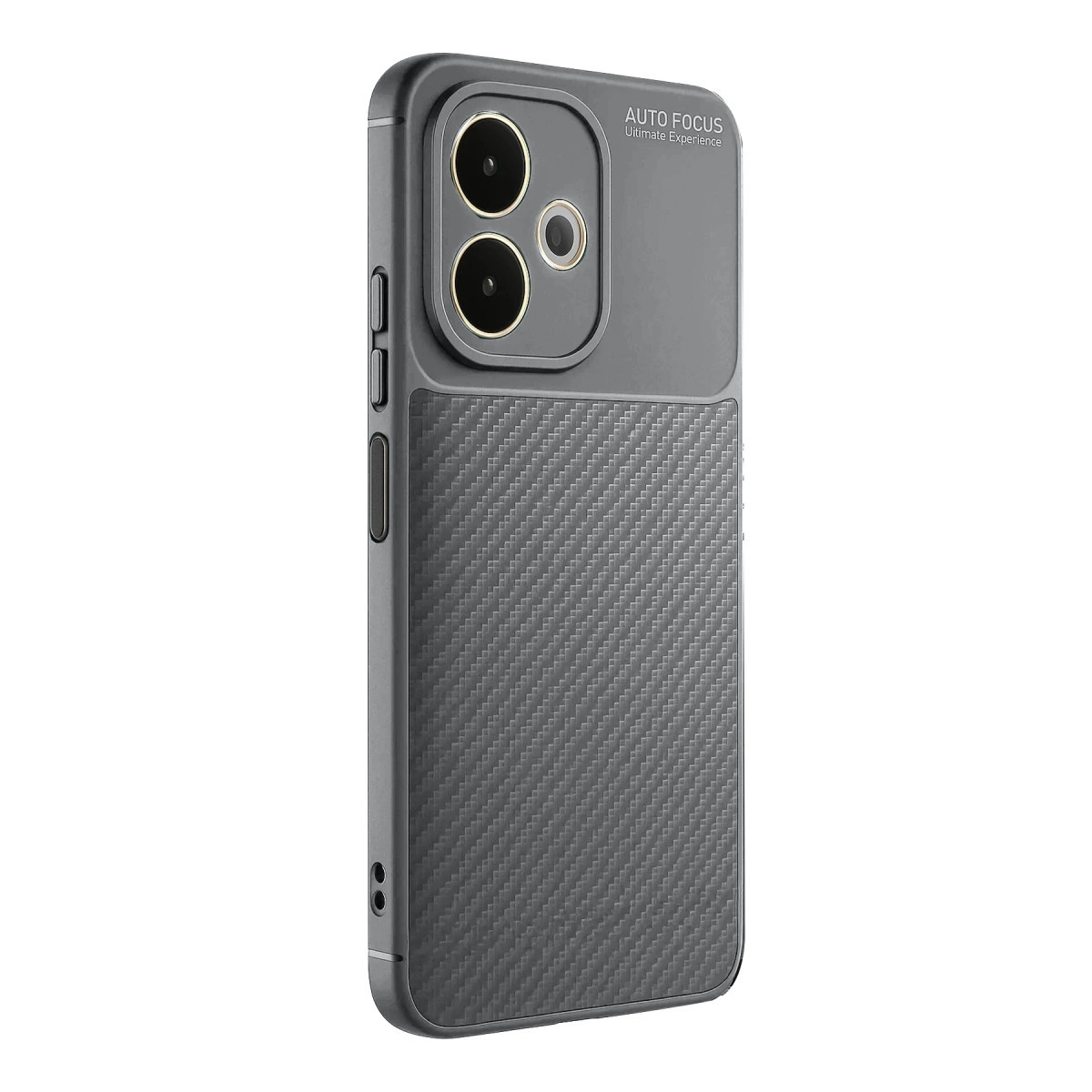 Karbon fiber dokulu ve kamera kesimli gri telefon kılıfı. Otomatik odaklama yazısı görünüyor.
