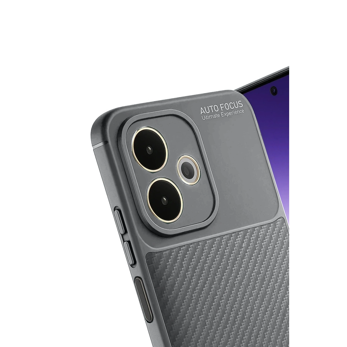 Karbon desenli gri telefon kılıfı ve üç kamera lensi.