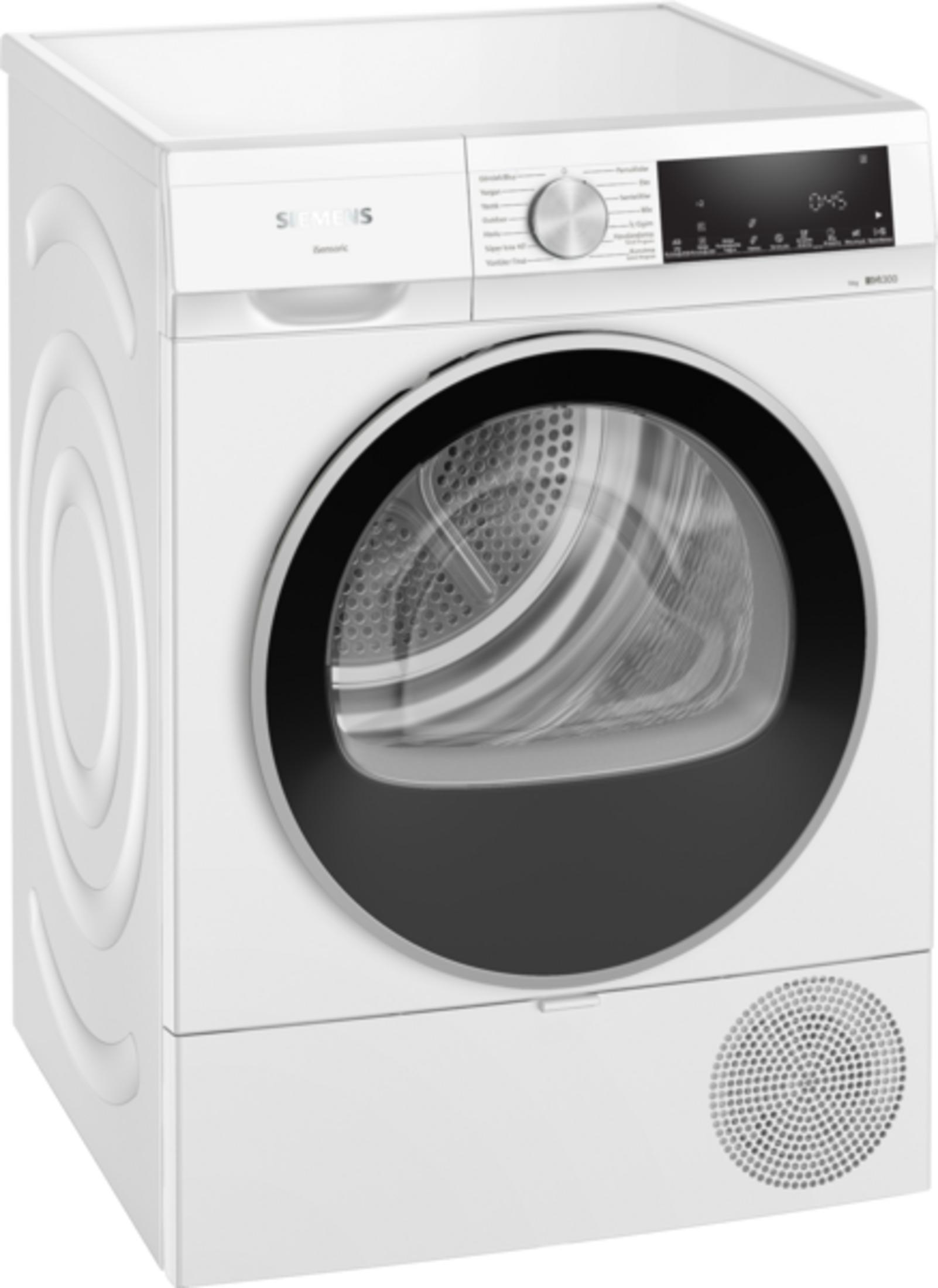Yuvarlak siyah kapılı ve dijital ekranlı beyaz Siemens kurutucu.