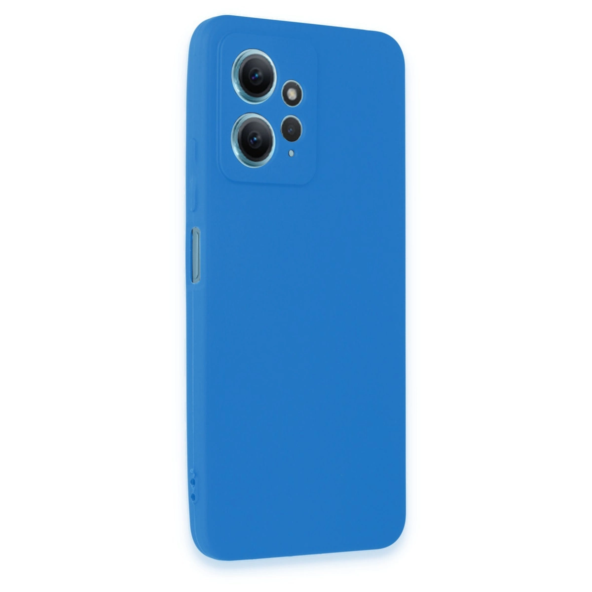 Arkada kamera lens grubuna sahip mavi bir telefon kılıfı.
