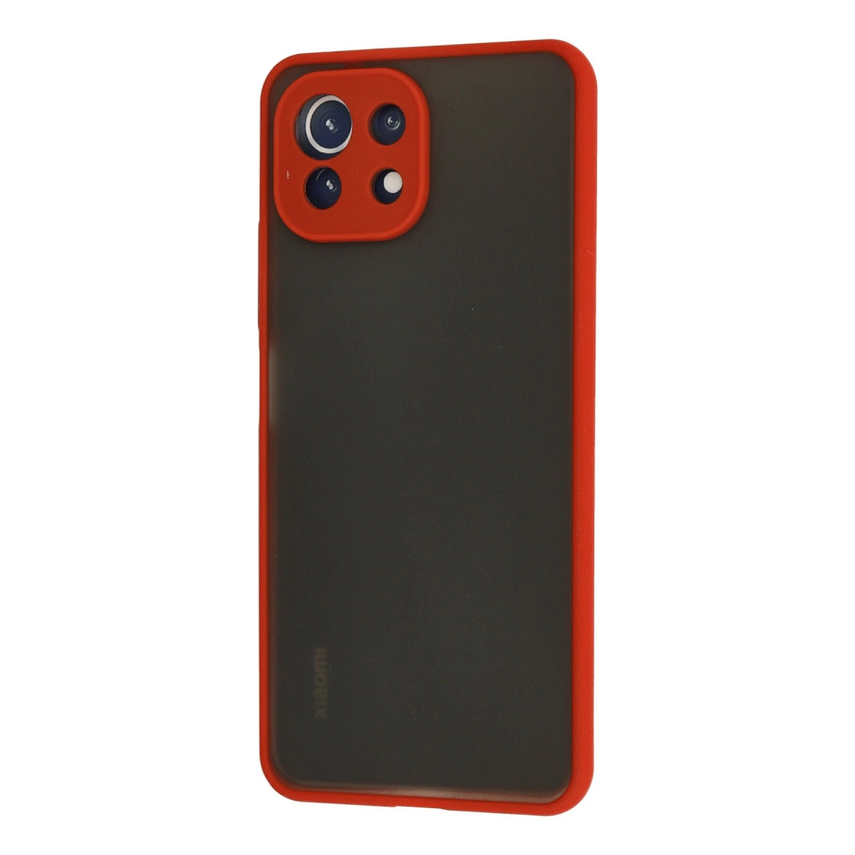 Kırmızı kenarlı ve kamera kesimli siyah telefon kılıfı.