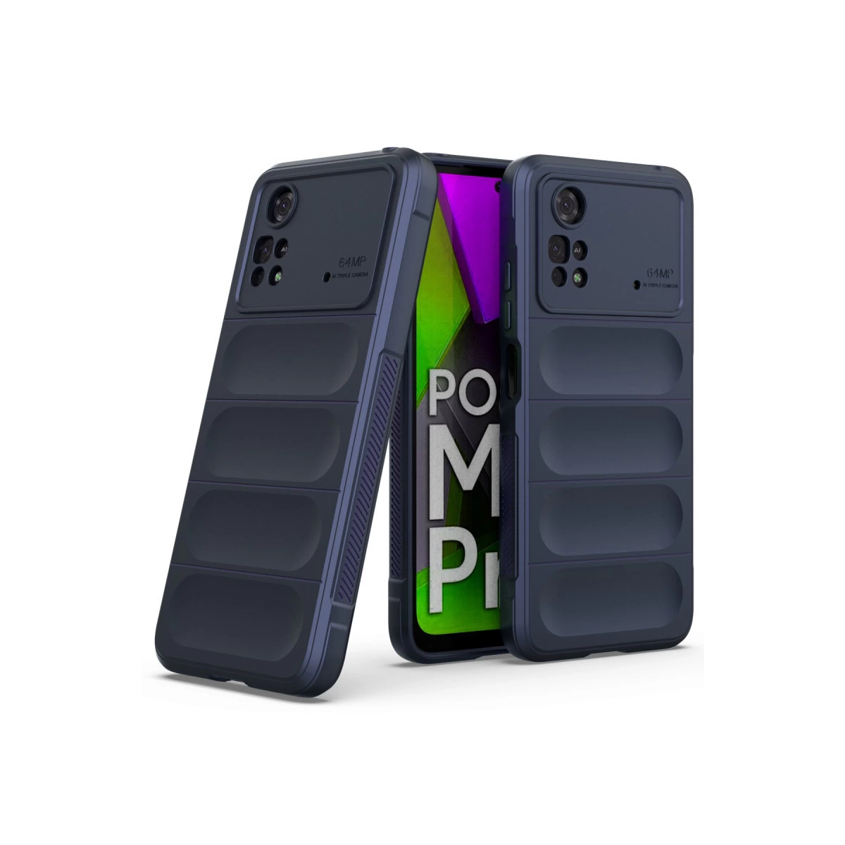 Kanallı dokuya sahip iki lacivert telefon kılıfı, biri önden, diğeri açılı.