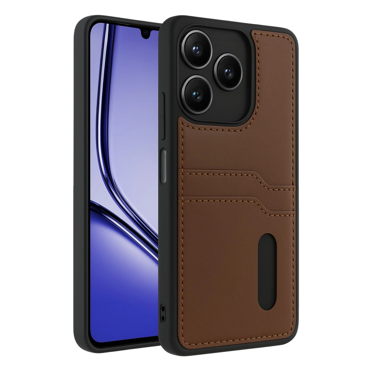Üç kamera lensli ve kart yuvalı kahverengi deri telefon kılıfı.