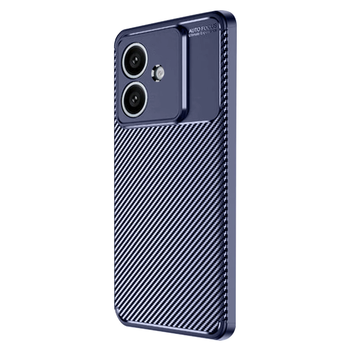 Karbon fiber dokulu, çift kameralı lacivert telefon kılıfı.
