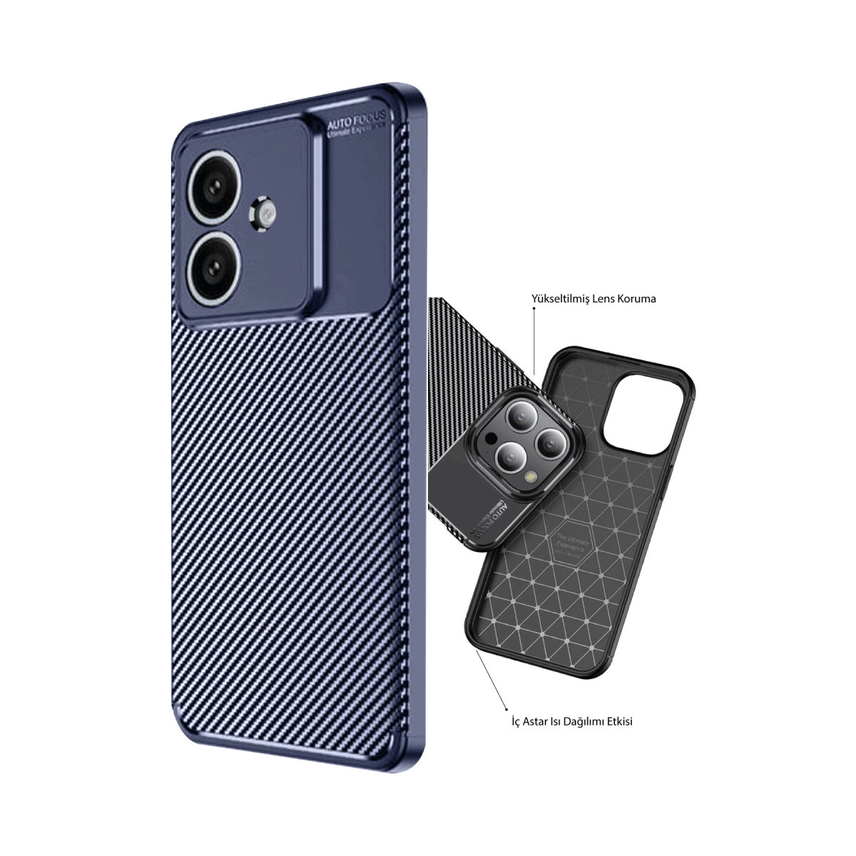 Karbon desenli, iki kameralı lacivert telefon kılıfı.
