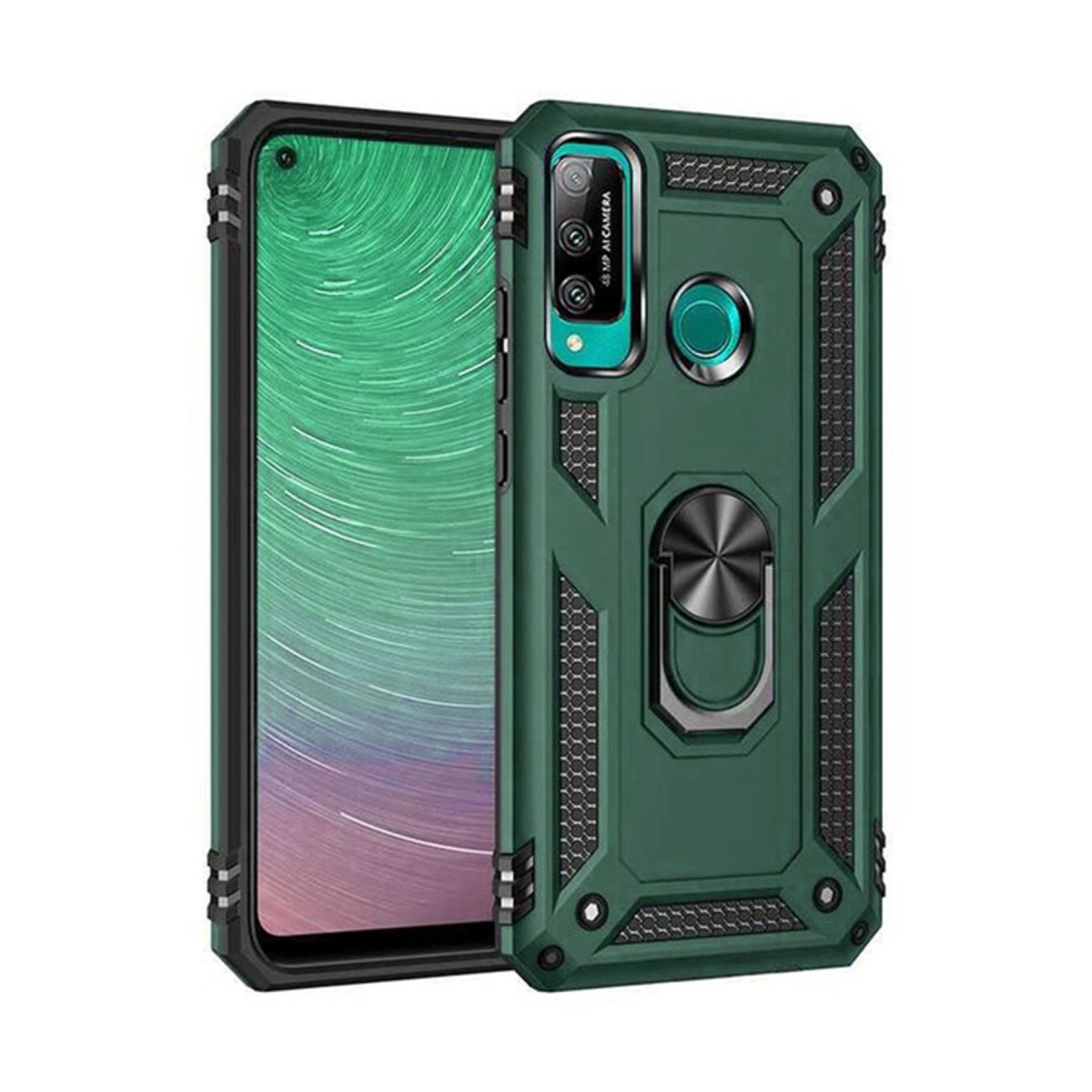 Halkalı standlı ve dokulu yanlara sahip sağlam koyu yeşil telefon kılıfı.