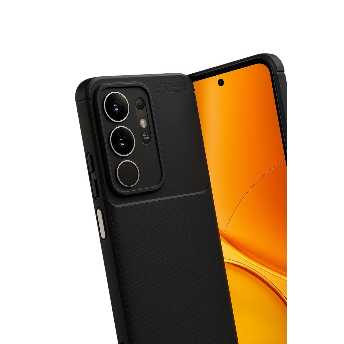 Üçlü kameraya sahip siyah telefon kılıfı beyaz arka planda. Turuncu ekran görünüyor.