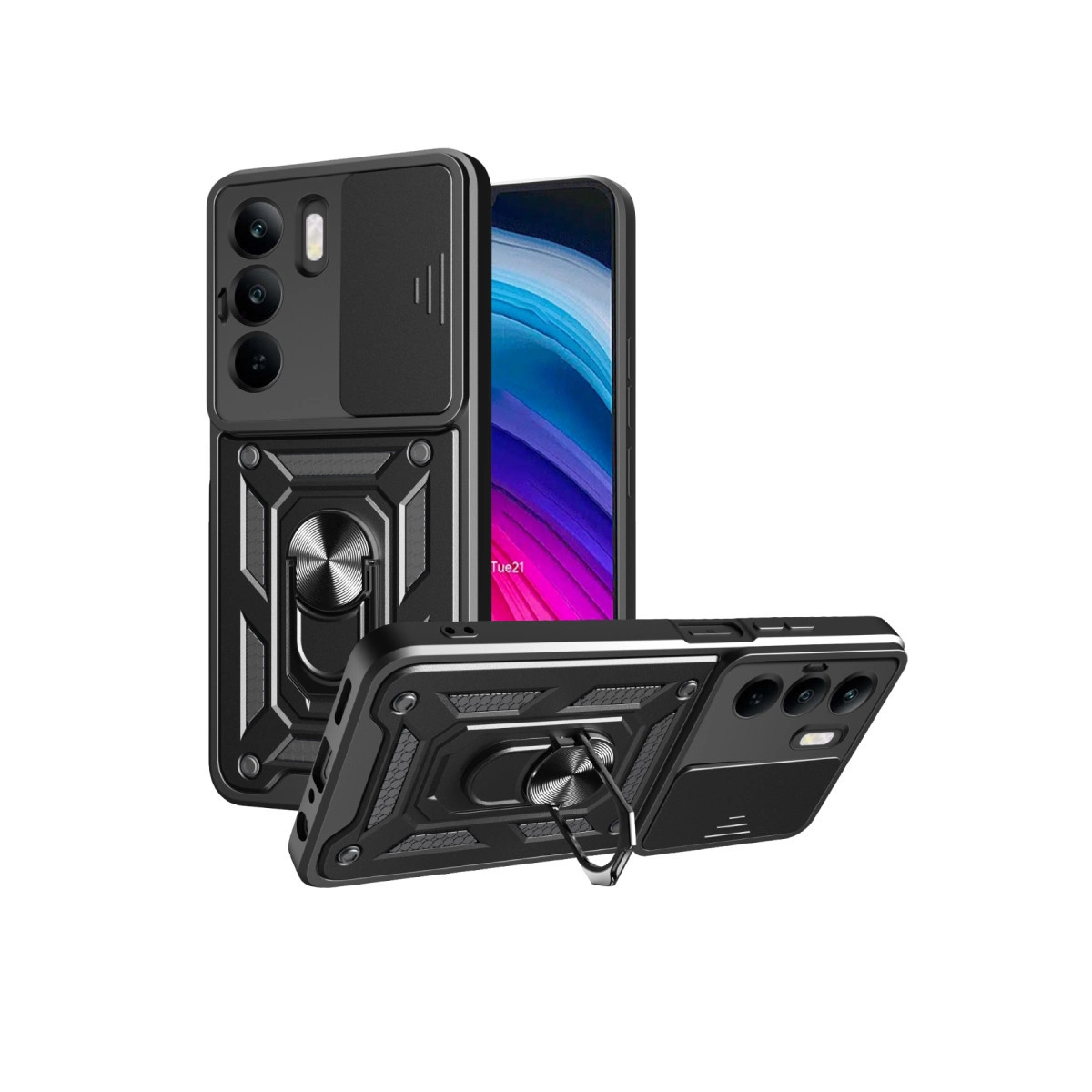 Halka tutuculu ve kayar kapaklı siyah telefon kılıfı.