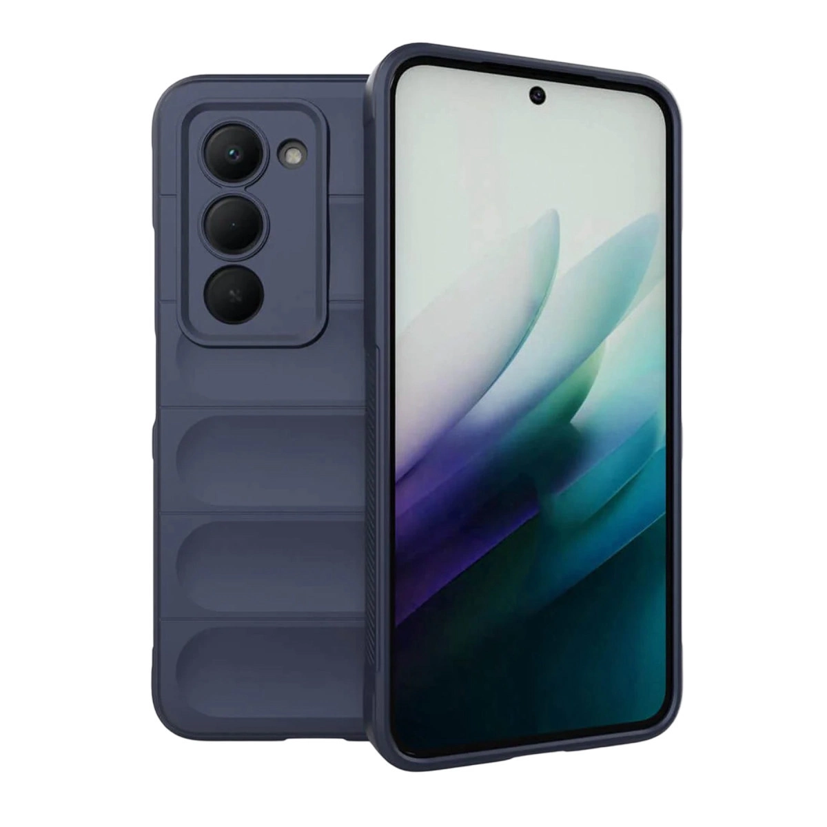 Doku detaylı lacivert telefon kılıfı ve renkli ekranlı bir telefon.