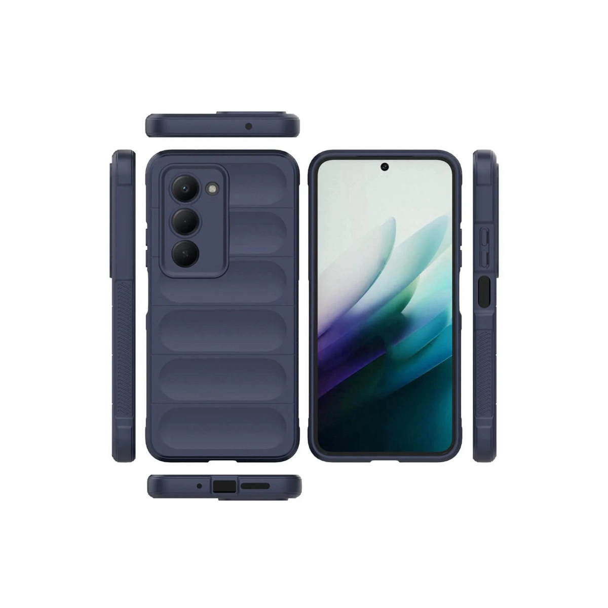 Çoklu açılardan gösterilen, oluklu ve üç kameralı lacivert telefon kılıfı.