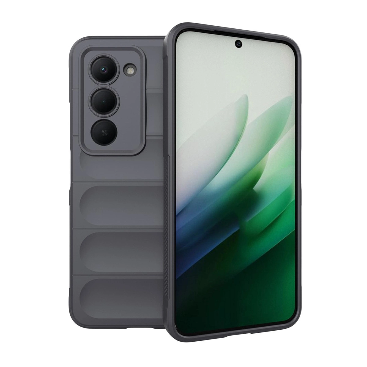 Kamera modülü ve nervürlü tasarıma sahip koyu gri telefon, ön ekranı görünüyor.