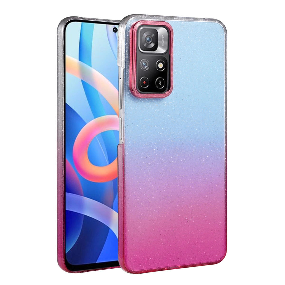 Kamera modülünü gösteren, simli mavi ve pembe kılıflı bir akıllı telefon.