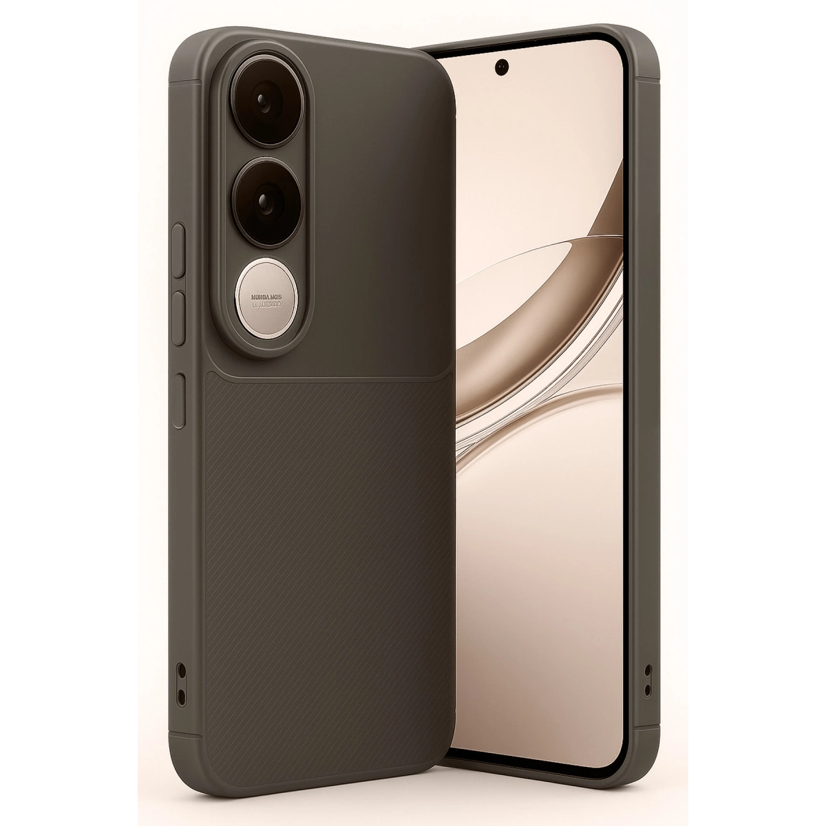 Üç kameralı koyu gri telefon ve şık bir ekran.