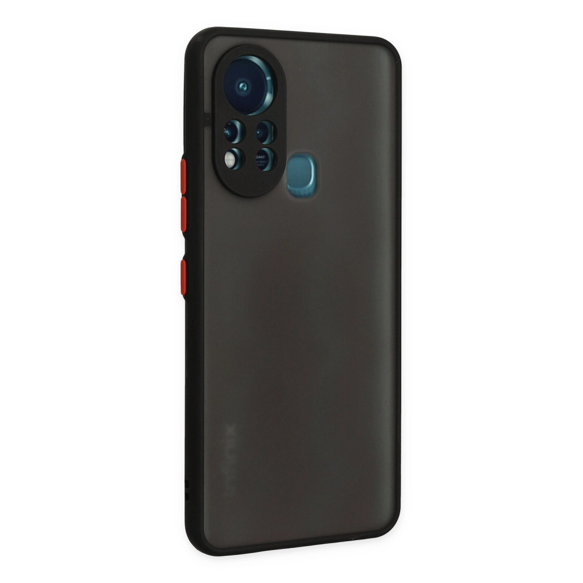Kamera modülü ve parmak izi sensörlü koyu gri telefon kılıfı.