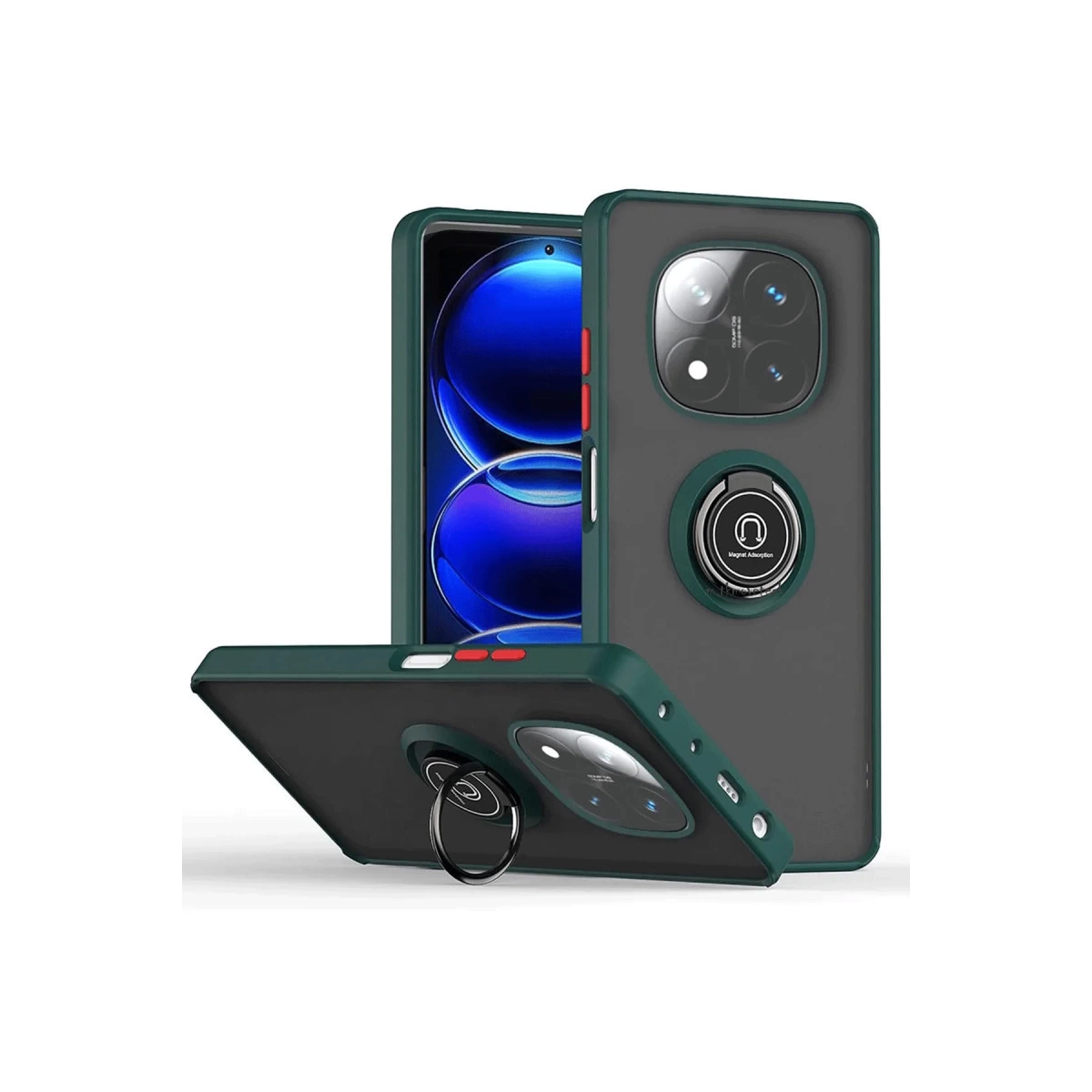 Halka tutuculu ve kamera incelemeli koyu yeşil telefon kılıfı.