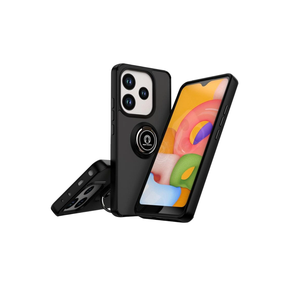 Beyaz arka plan üzerinde halka tutuculu ve üç kameralı siyah telefon kılıfı.